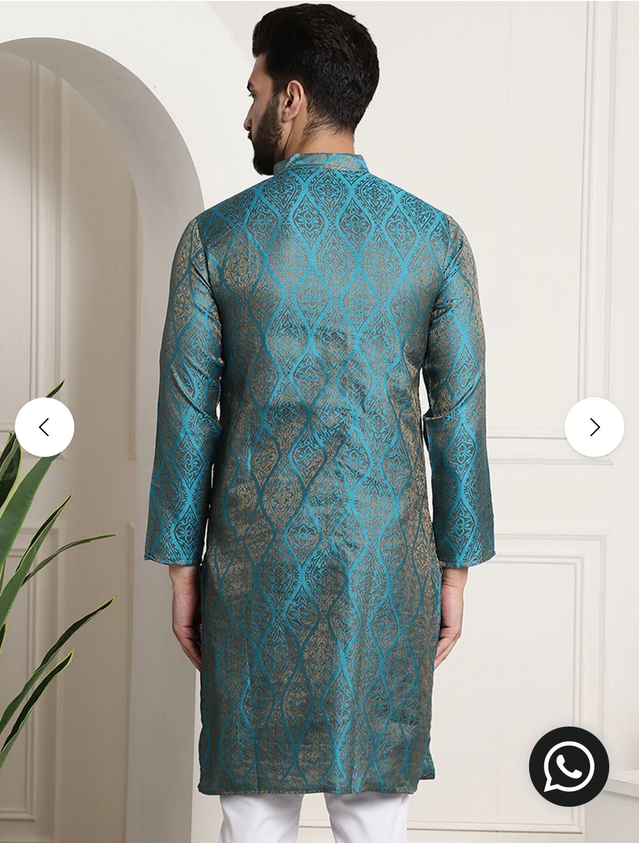 MEN'S SILK BLEND SELF DESIGN TEAL BLUE LONG KURTA SET IN GERMANY