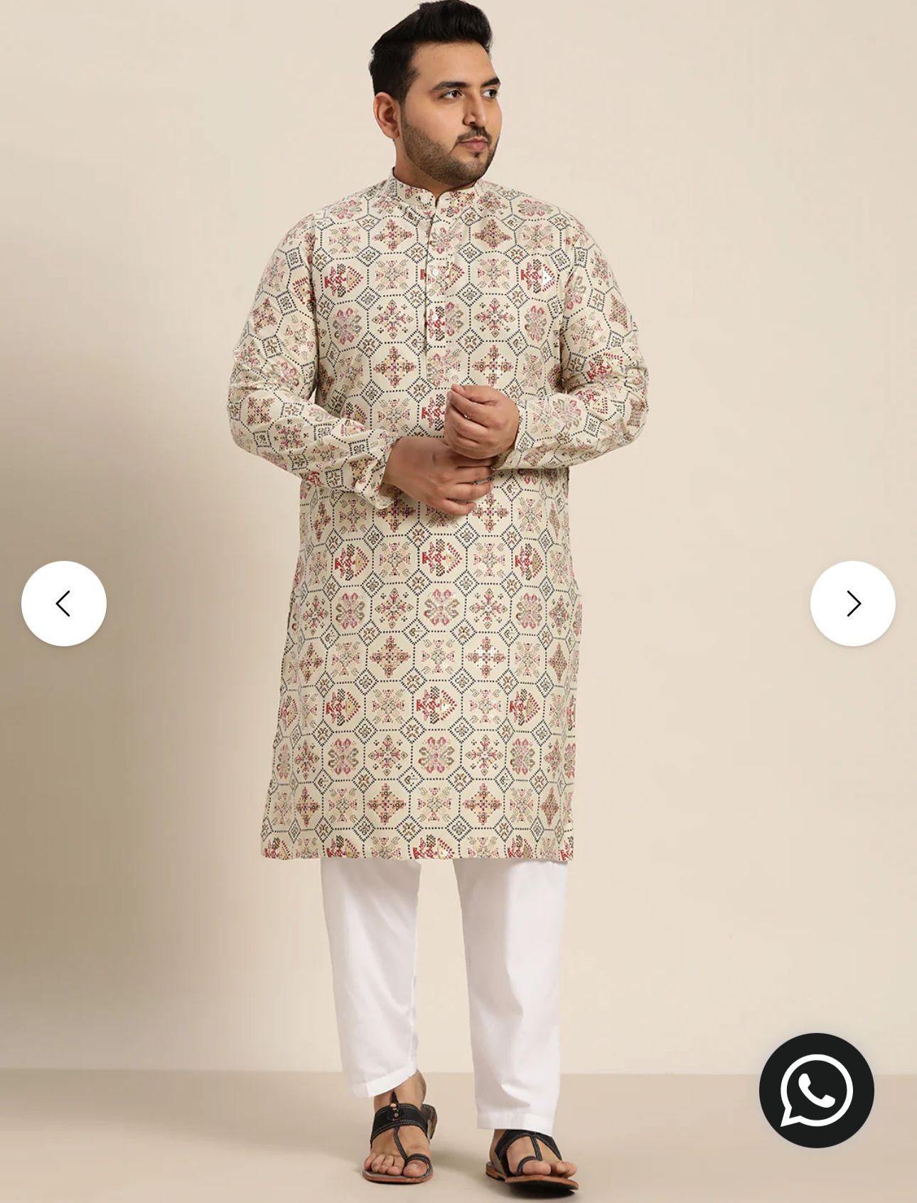 Men's Cotton Linen Cream and Multi Printed Kurta and White Pyjama in Berlin