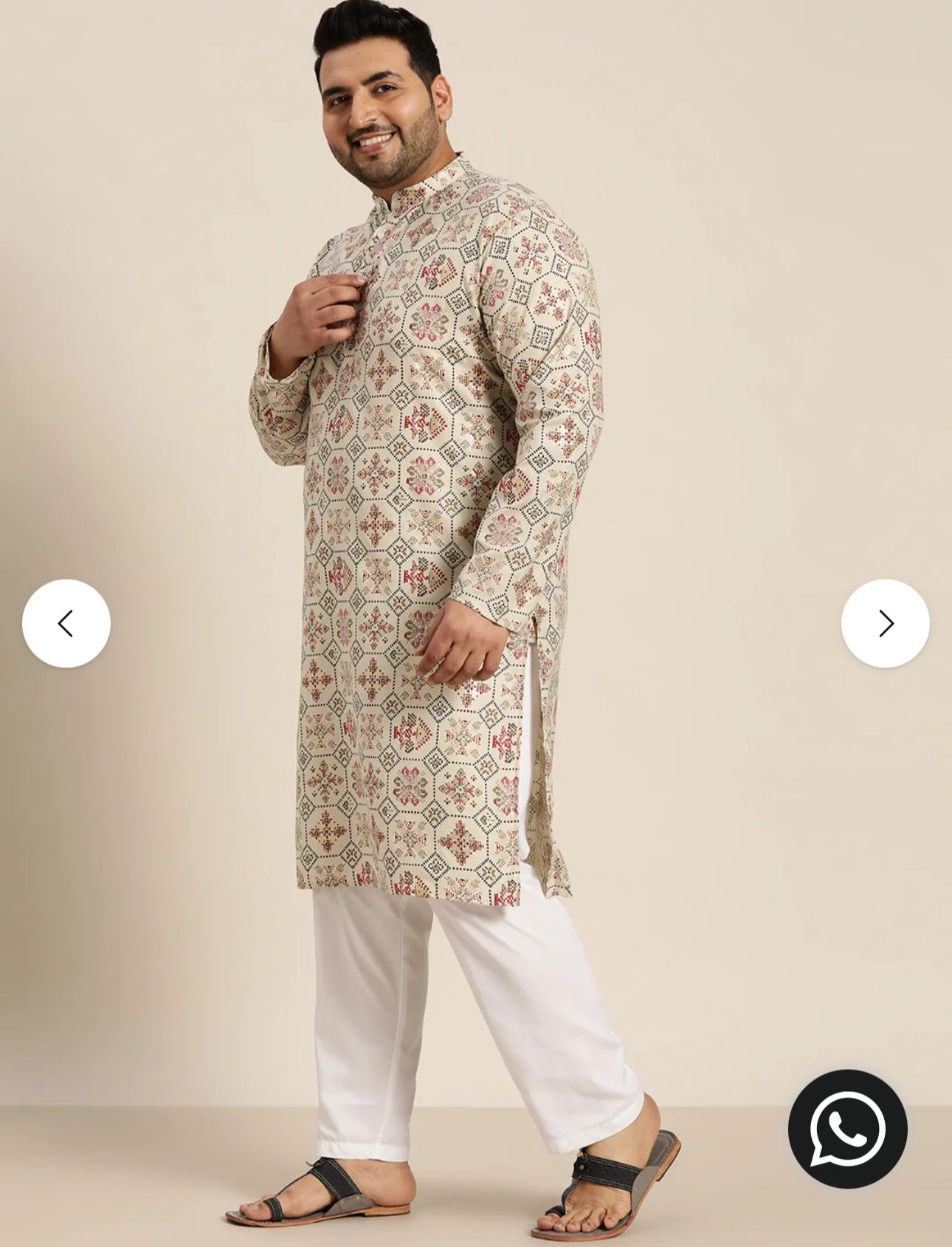 Men's Cotton Linen Cream and Multi Printed Kurta and White Pyjama in Berlin