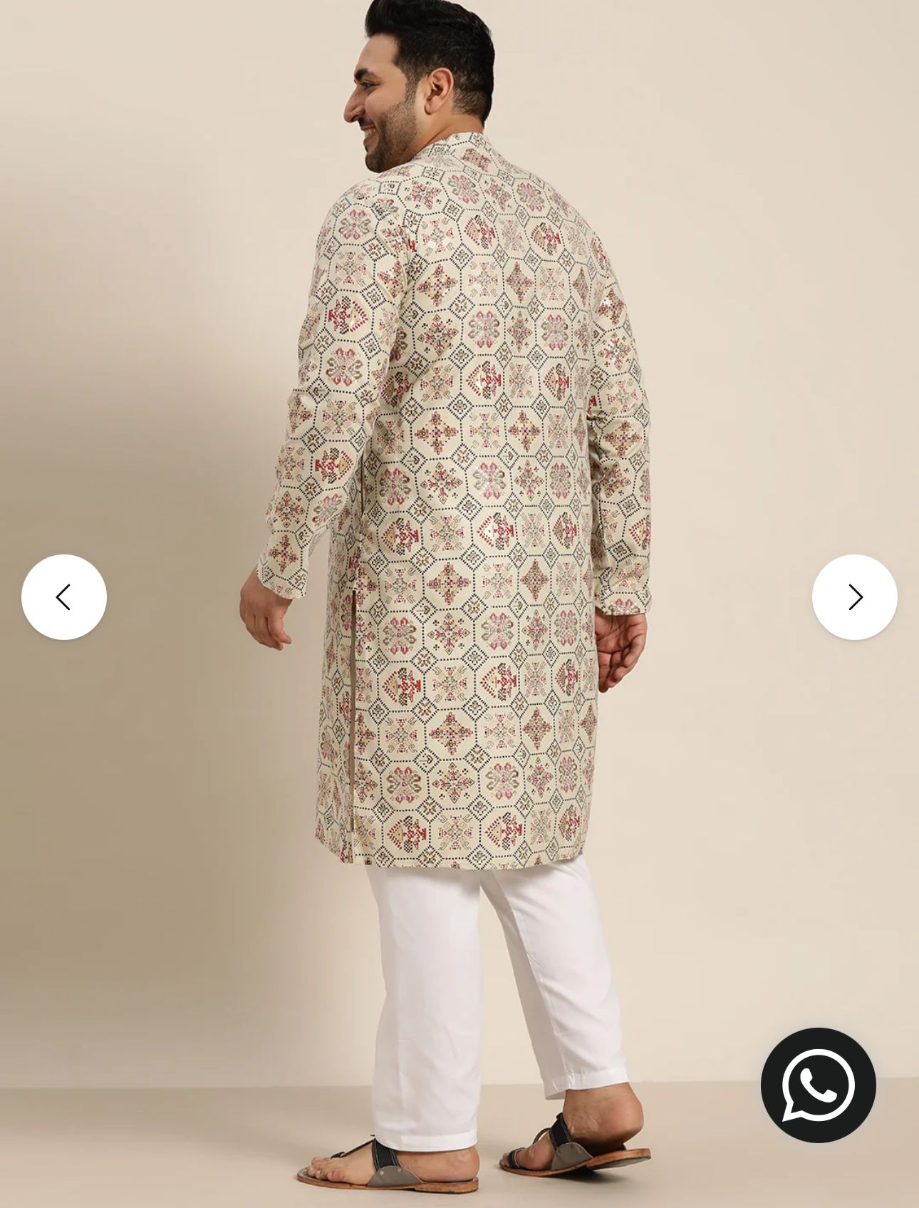Men's Cotton Linen Cream and Multi Printed Kurta and White Pyjama in Berlin