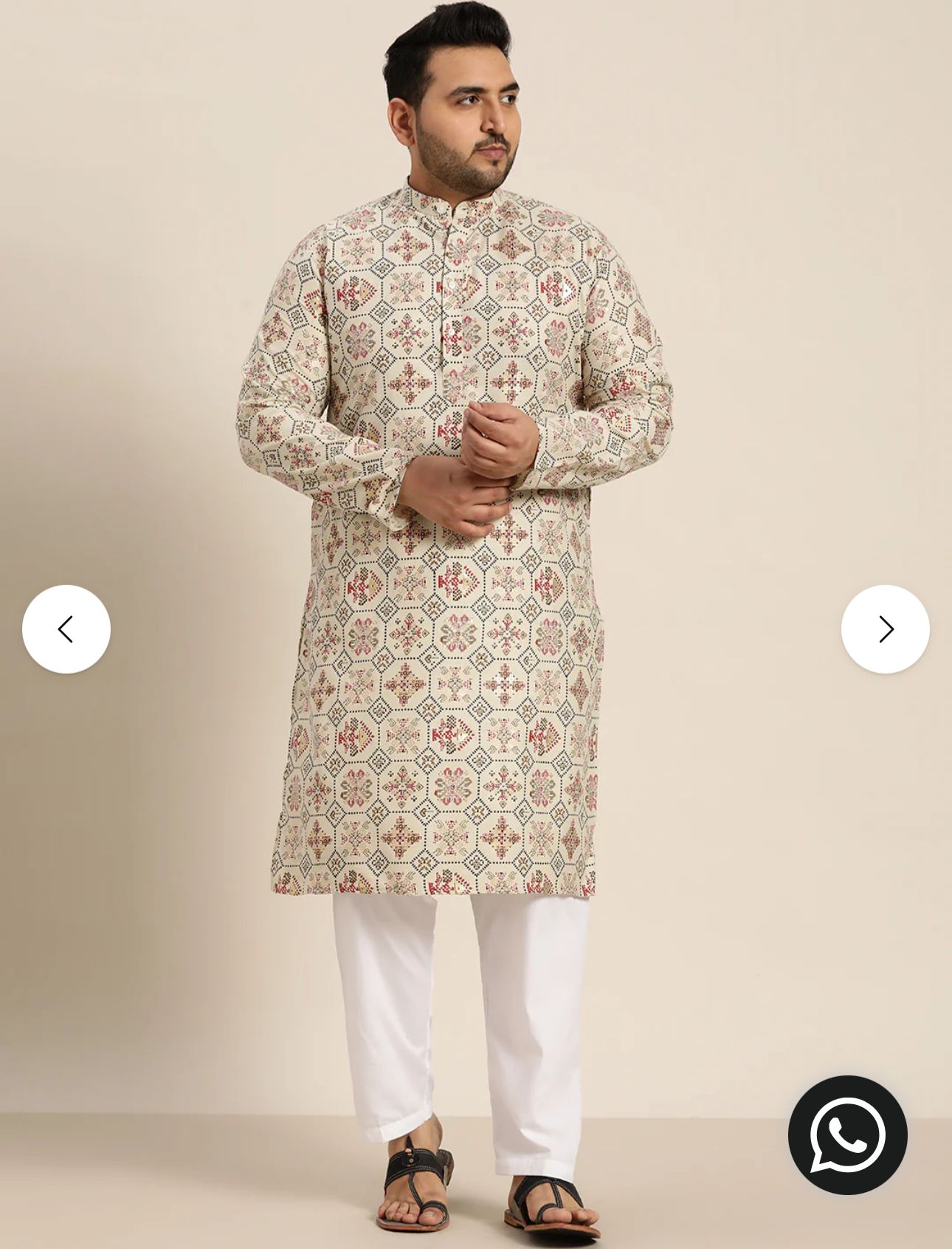 Men's Cotton Linen Cream and Multi Printed Kurta and White Pyjama in Berlin