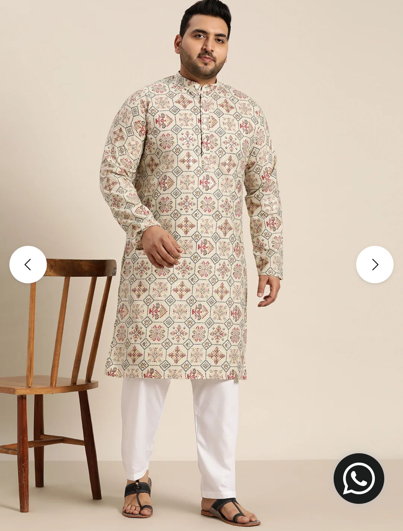 Men's Cotton Linen Cream and Multi Printed Kurta and White Pyjama in Berlin