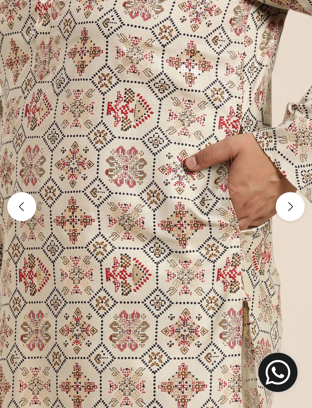 Men's Cotton Linen Cream and Multi Printed Kurta and White Pyjama in Berlin