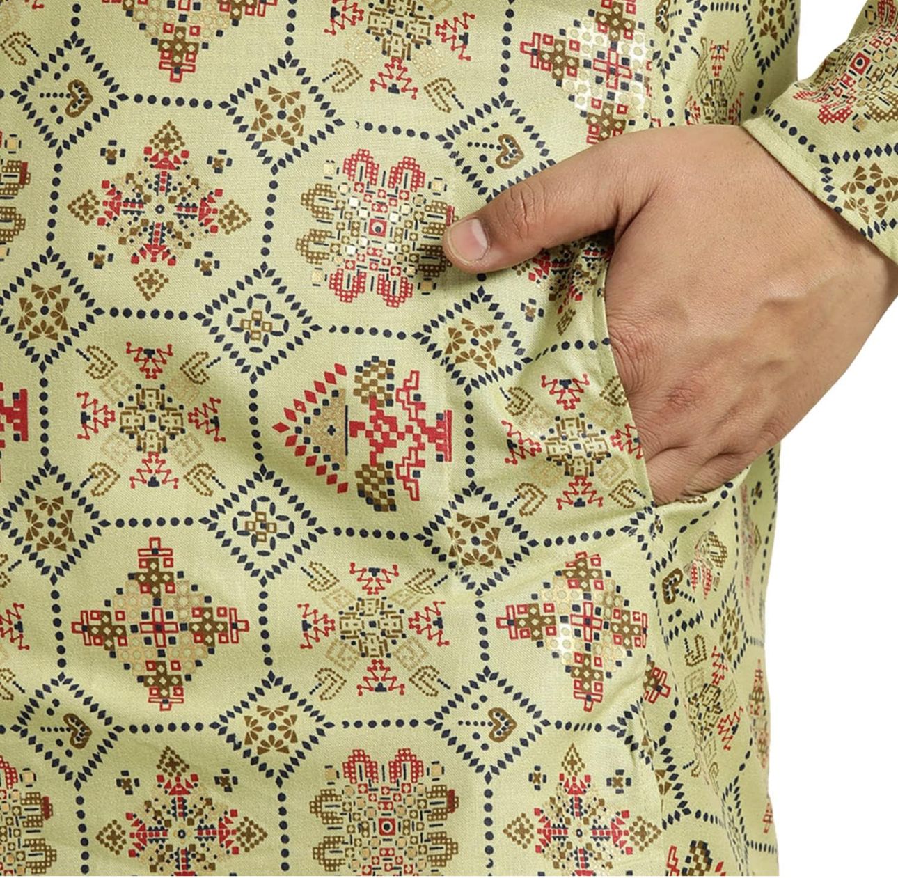 Men's Cotton Linen Cream and Multi Printed Kurta and White Pyjama in Berlin
