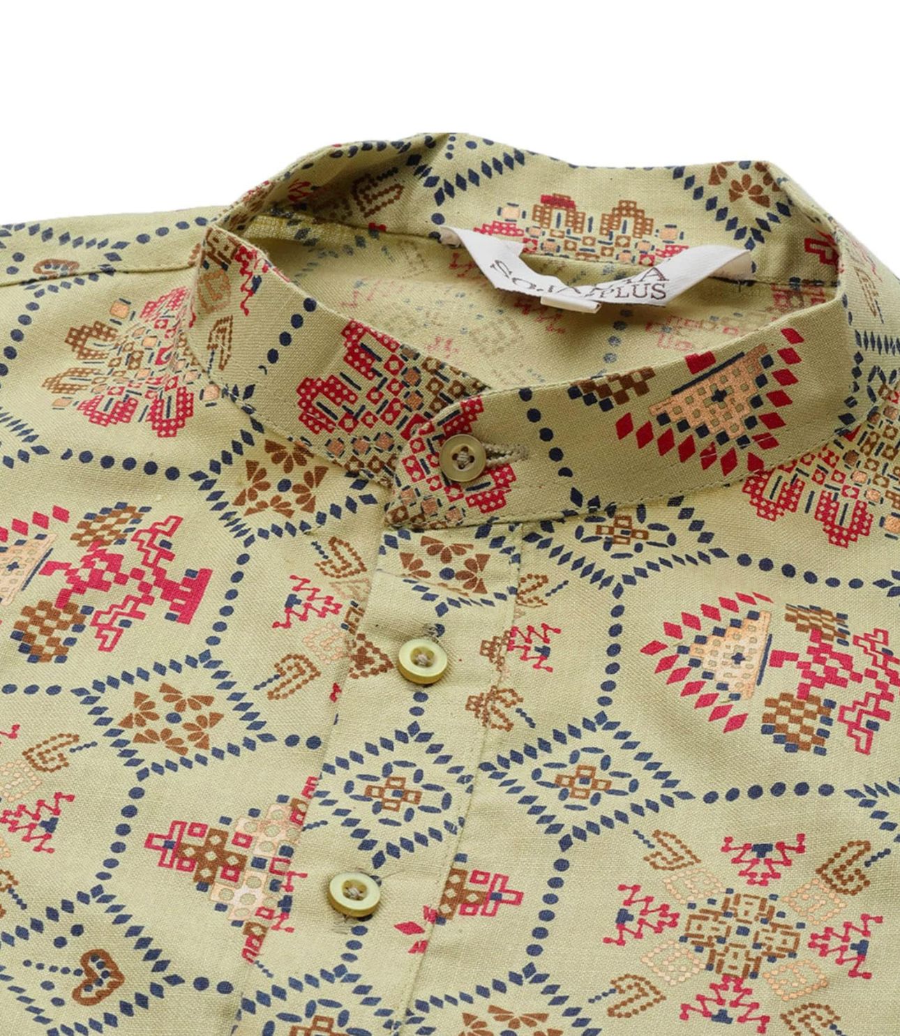 Men's Cotton Linen Cream and Multi Printed Kurta and White Pyjama in Berlin