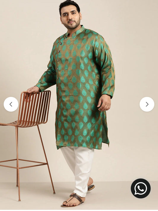 Men's Jacquard Silk Dark Green Kurta & Off-White Churidar Pyjama Set in Berlin