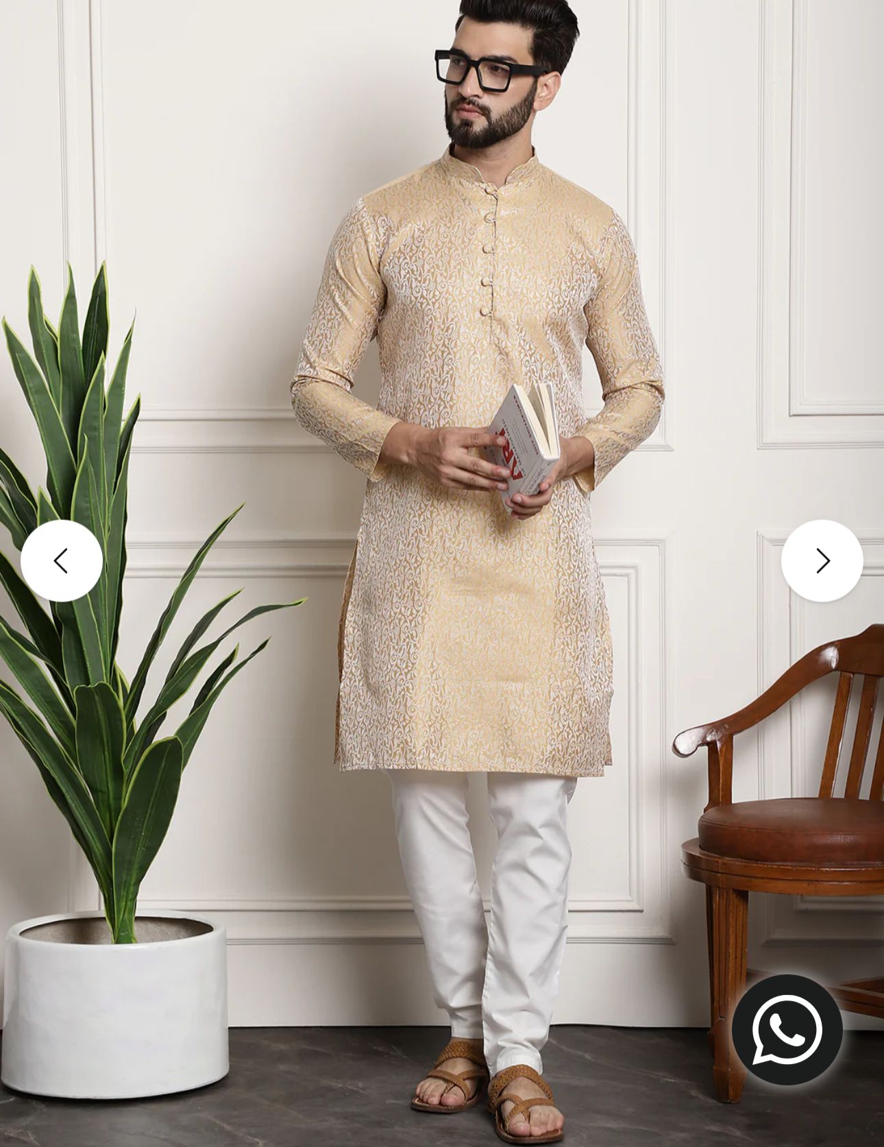 Men's Gold Jacquard Silk Kurta & Churidaar Pyjama in Germany