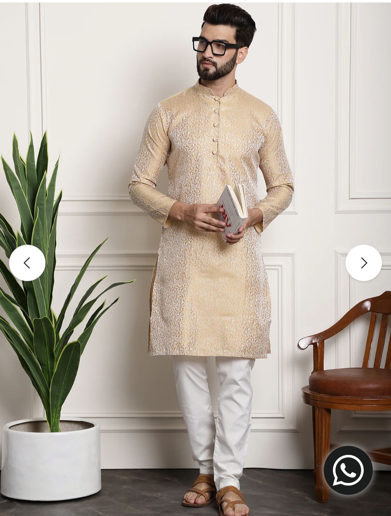 Men's Gold Jacquard Silk Kurta & Churidaar Pyjama in Germany