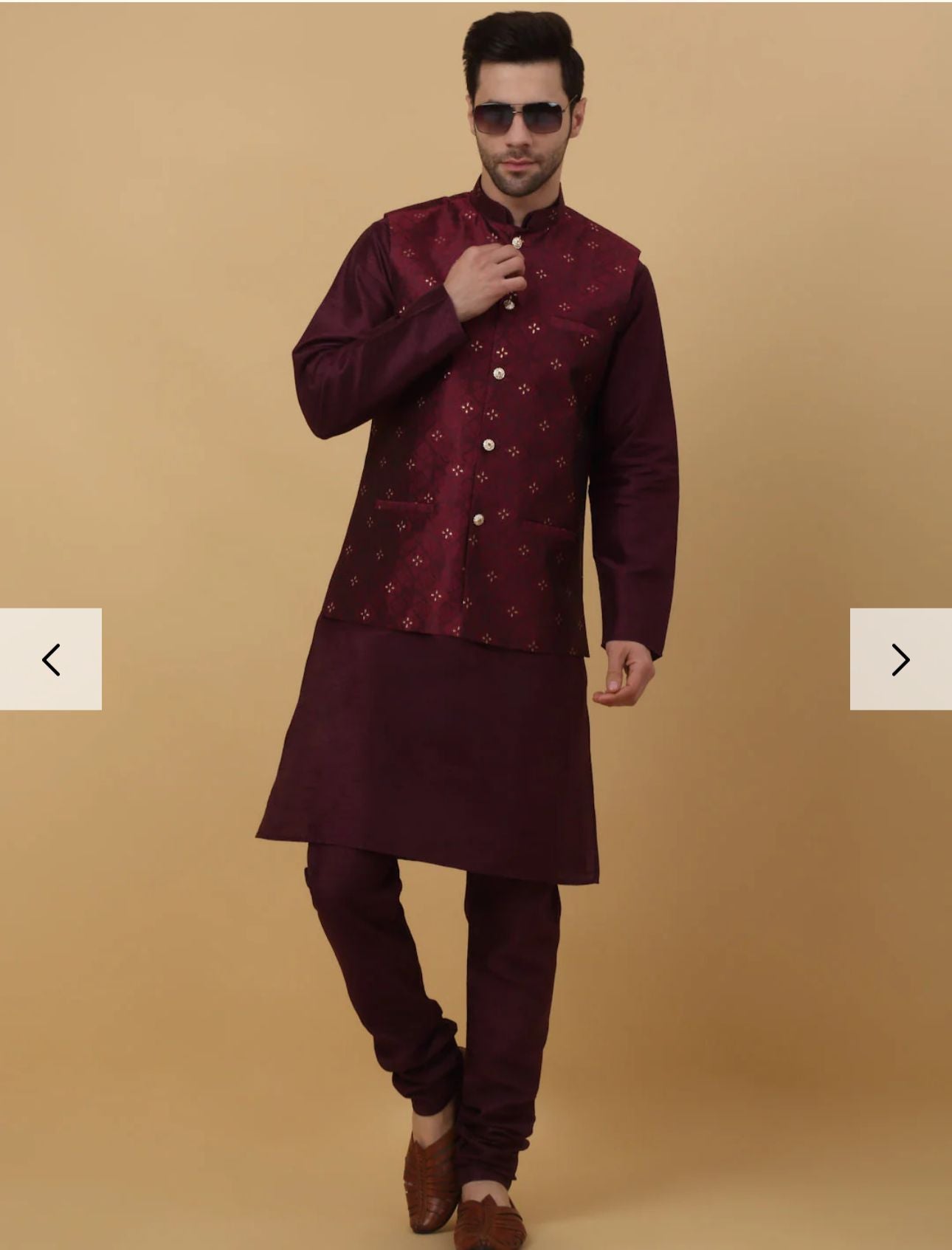 Men Purple Kurta & Churidar with Jacquard Maroon Nehru Jacket in Germany