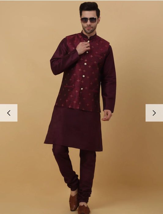 Men Purple Kurta & Churidar with Jacquard Maroon Nehru Jacket in Germany
