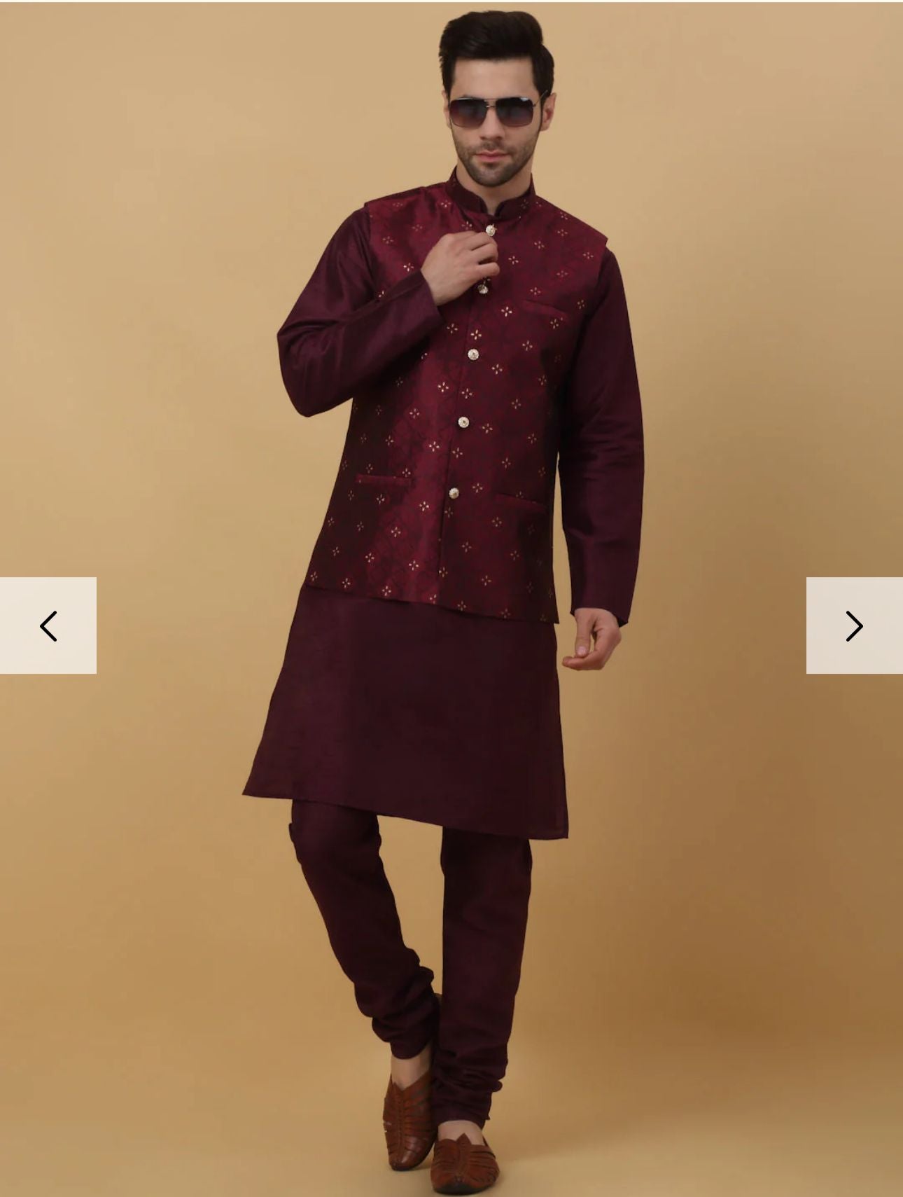 Men Purple Kurta & Churidar with Jacquard Maroon Nehru Jacket in Germany
