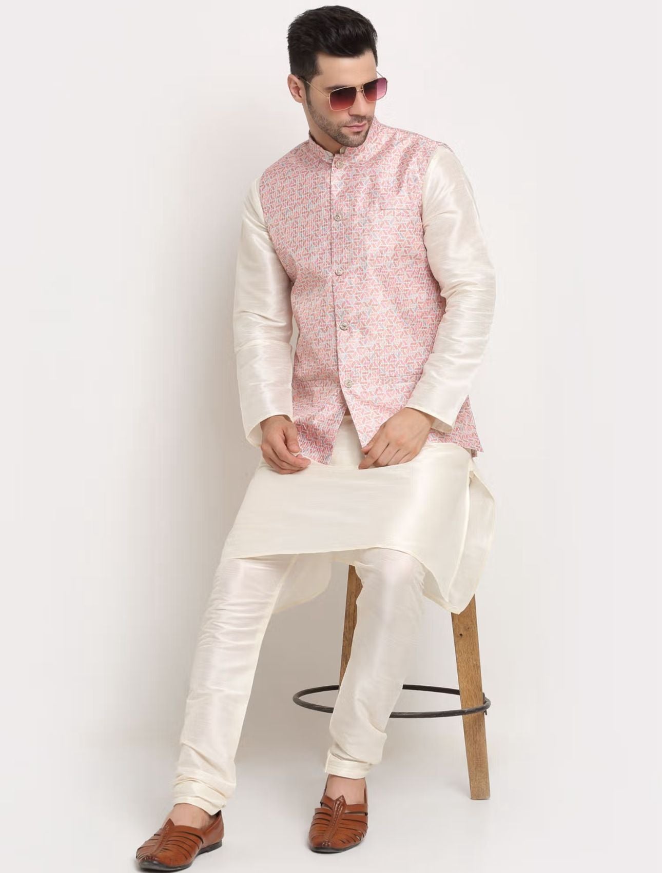 Men Kurta & Churidar with Thread Work Pink Nehru Jacket in Germany