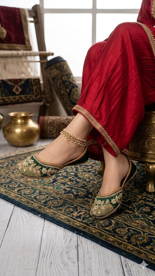 Dark Green Zardosi Work Hand Embroidered Jutti in Germany
