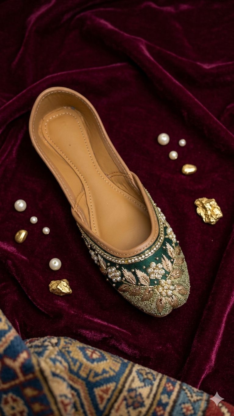 Dark Green Zardosi Work Hand Embroidered Jutti in Germany