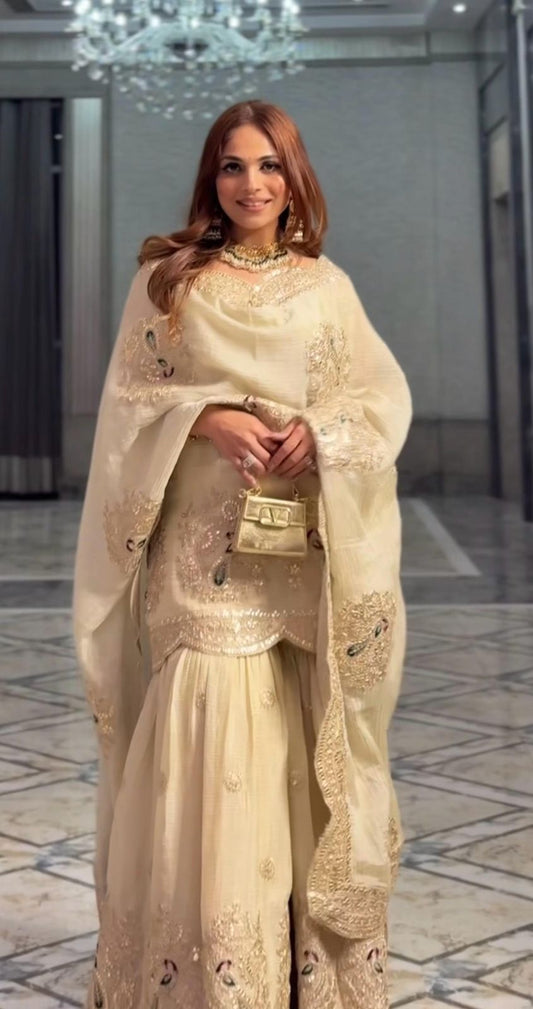 Pure Chinnon With Heavy Embroidery Coding Dori-Sequence Work Top-Bottom And Dupatta Set in Germany