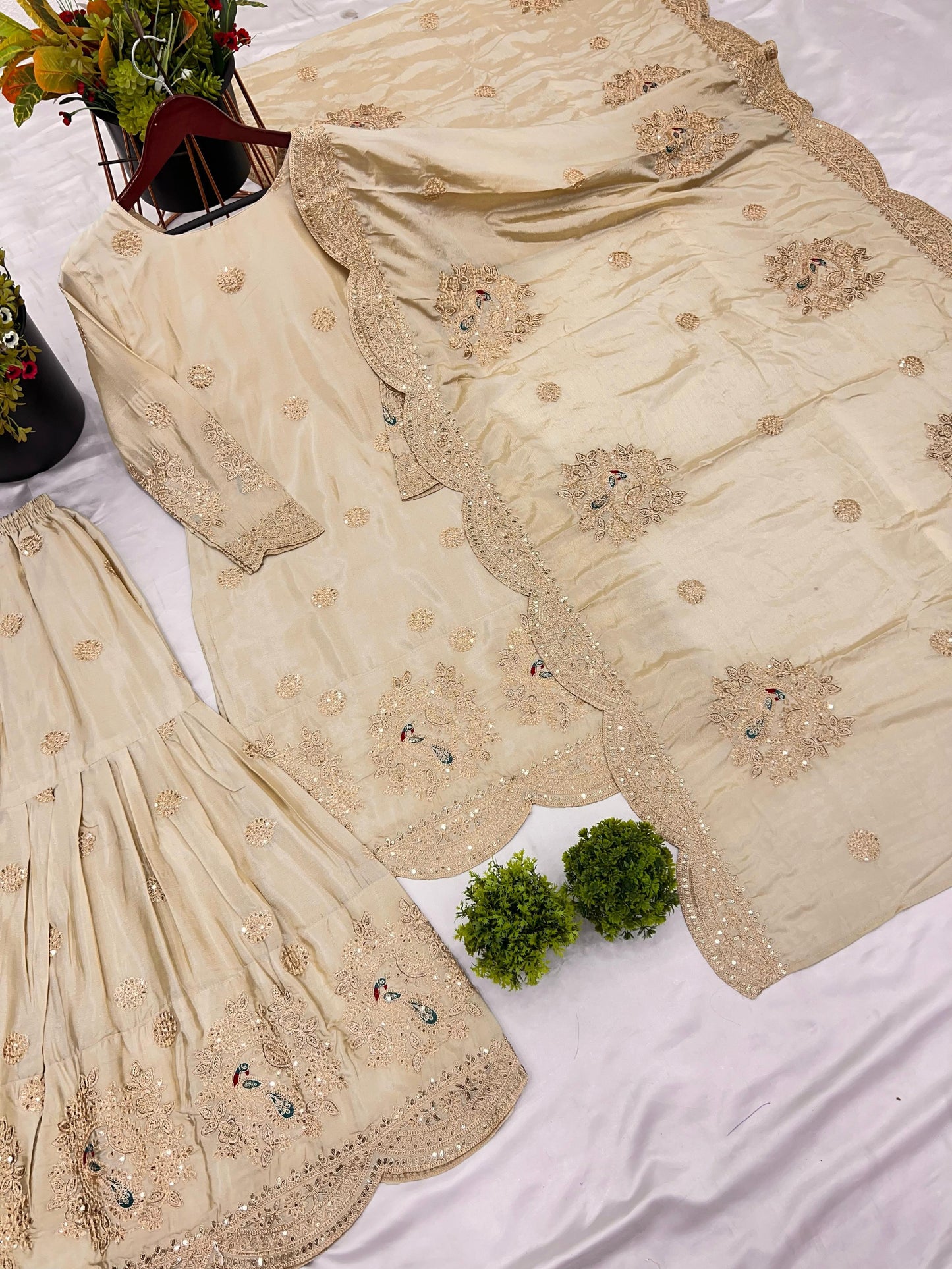 Pure Chinnon With Heavy Embroidery Coding Dori-Sequence Work Top-Bottom And Dupatta Set in Germany