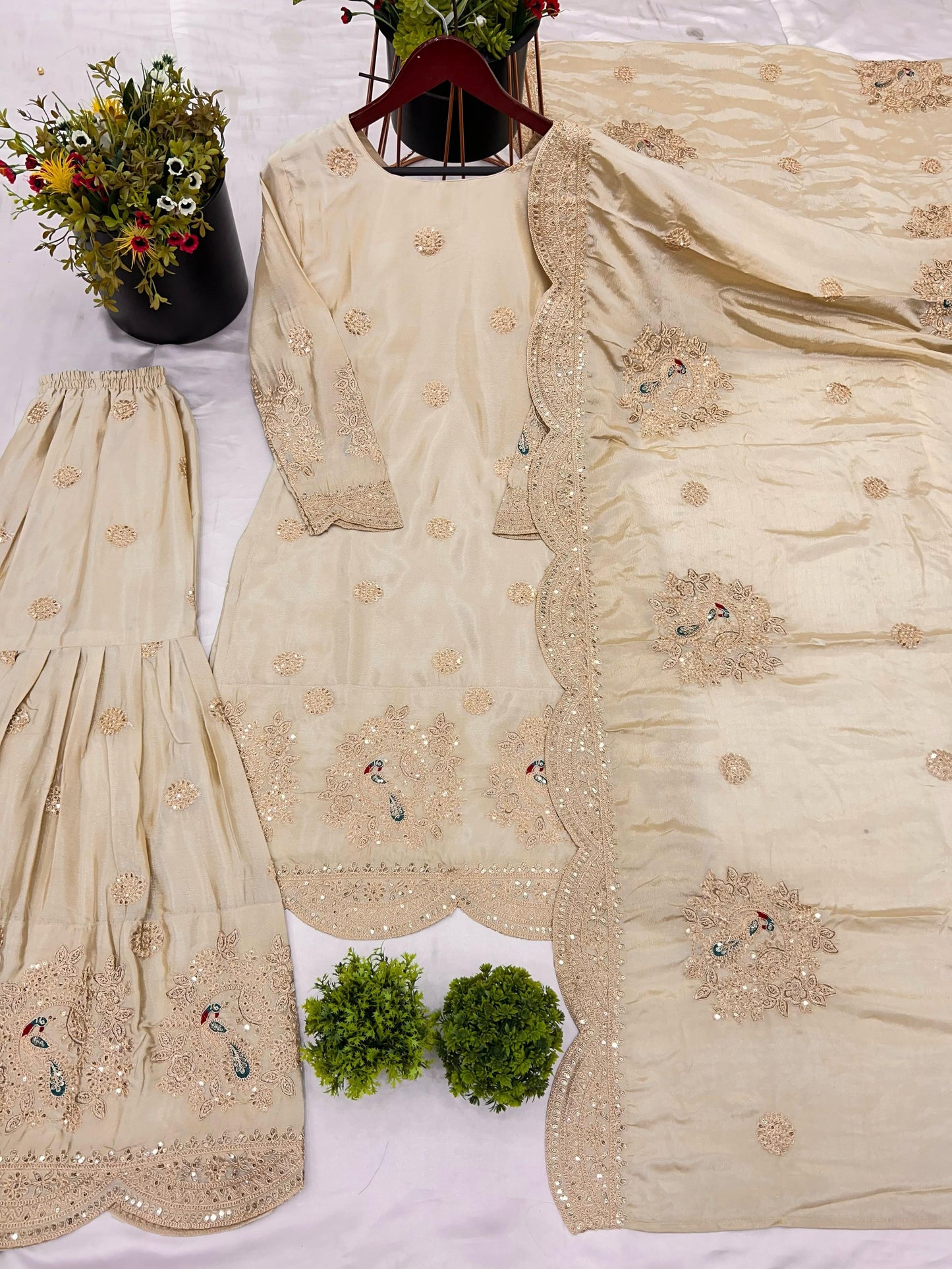 Pure Chinnon With Heavy Embroidery Coding Dori-Sequence Work Top-Bottom And Dupatta Set in Germany