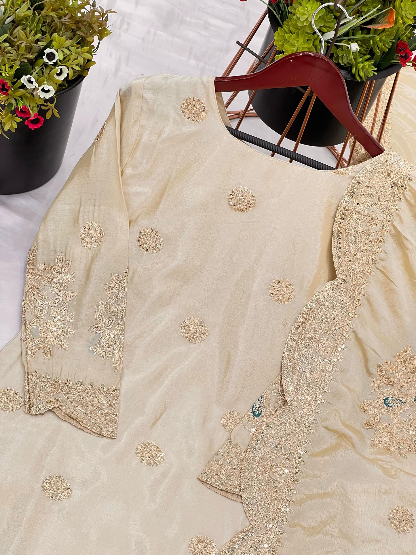 Pure Chinnon With Heavy Embroidery Coding Dori-Sequence Work Top-Bottom And Dupatta Set in Germany