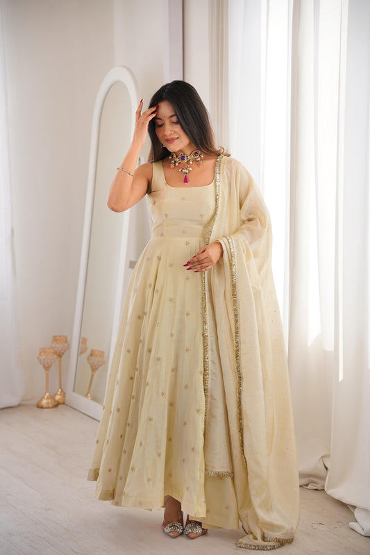 Cosmos Gold With Embroidery Work Gown And Dupatta Set in Germany