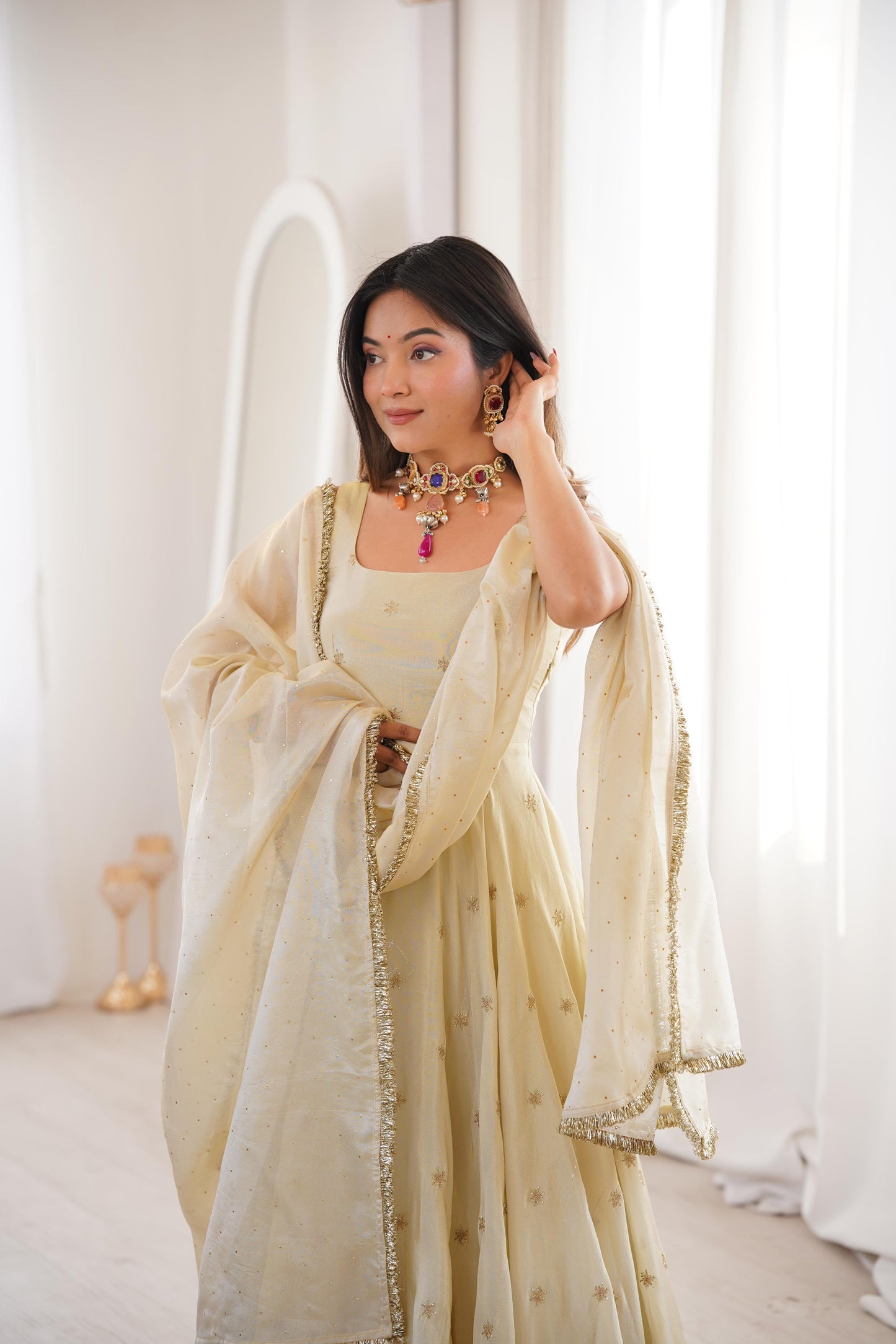 Cosmos Gold With Embroidery Work Gown And Dupatta Set in Germany