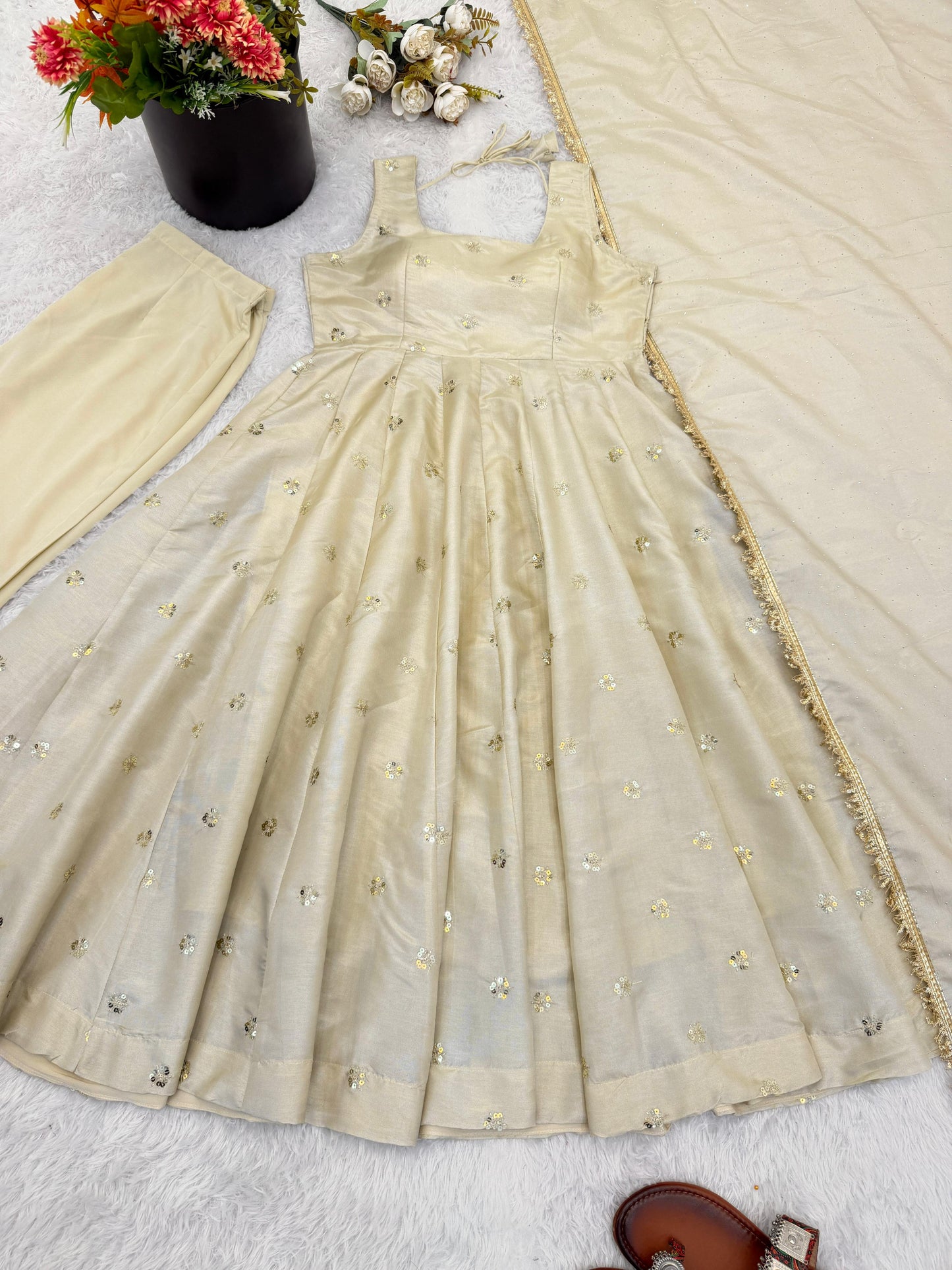 Cosmos Gold With Embroidery Work Gown And Dupatta Set in Germany