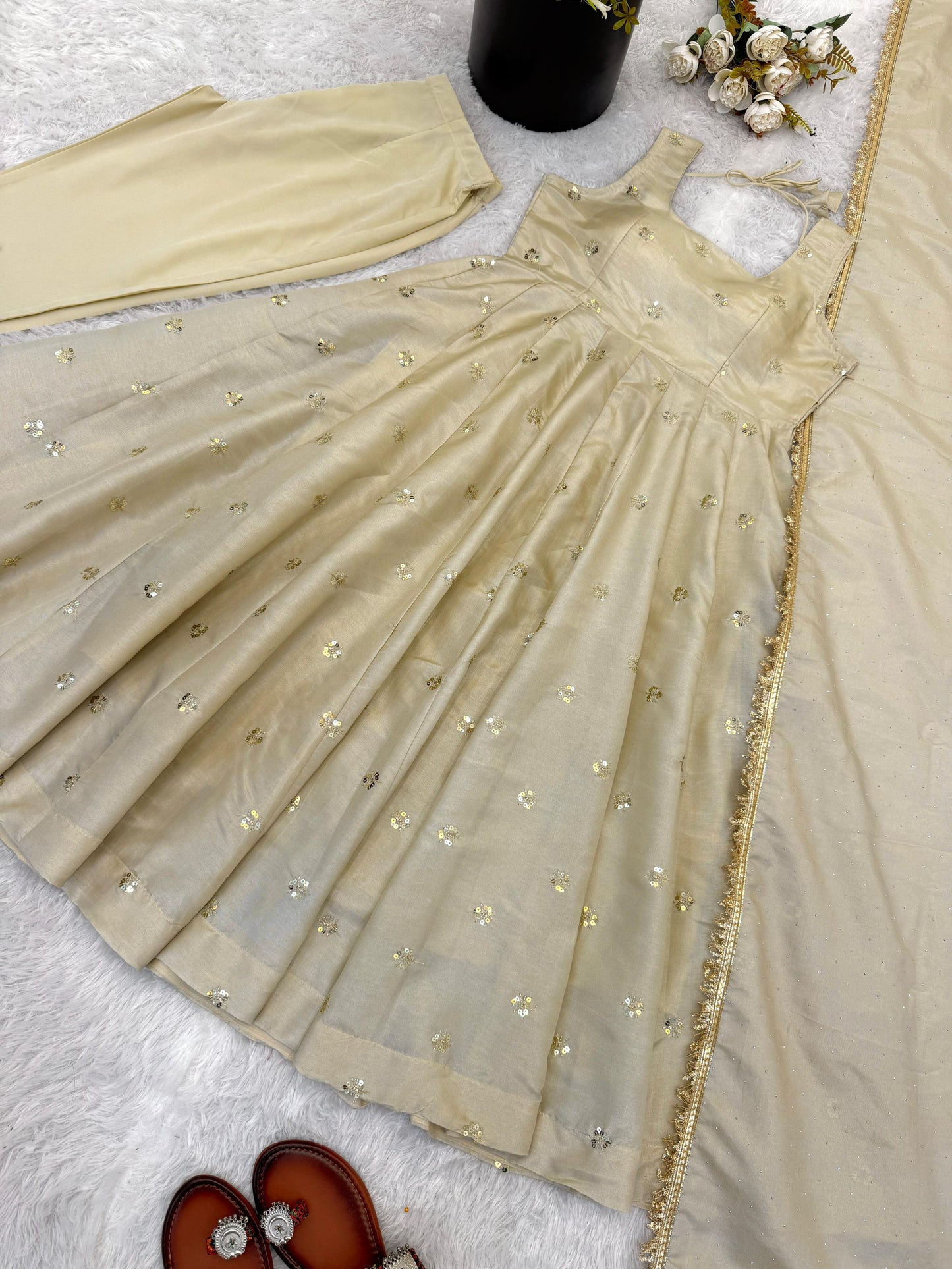Cosmos Gold With Embroidery Work Gown And Dupatta Set in Germany