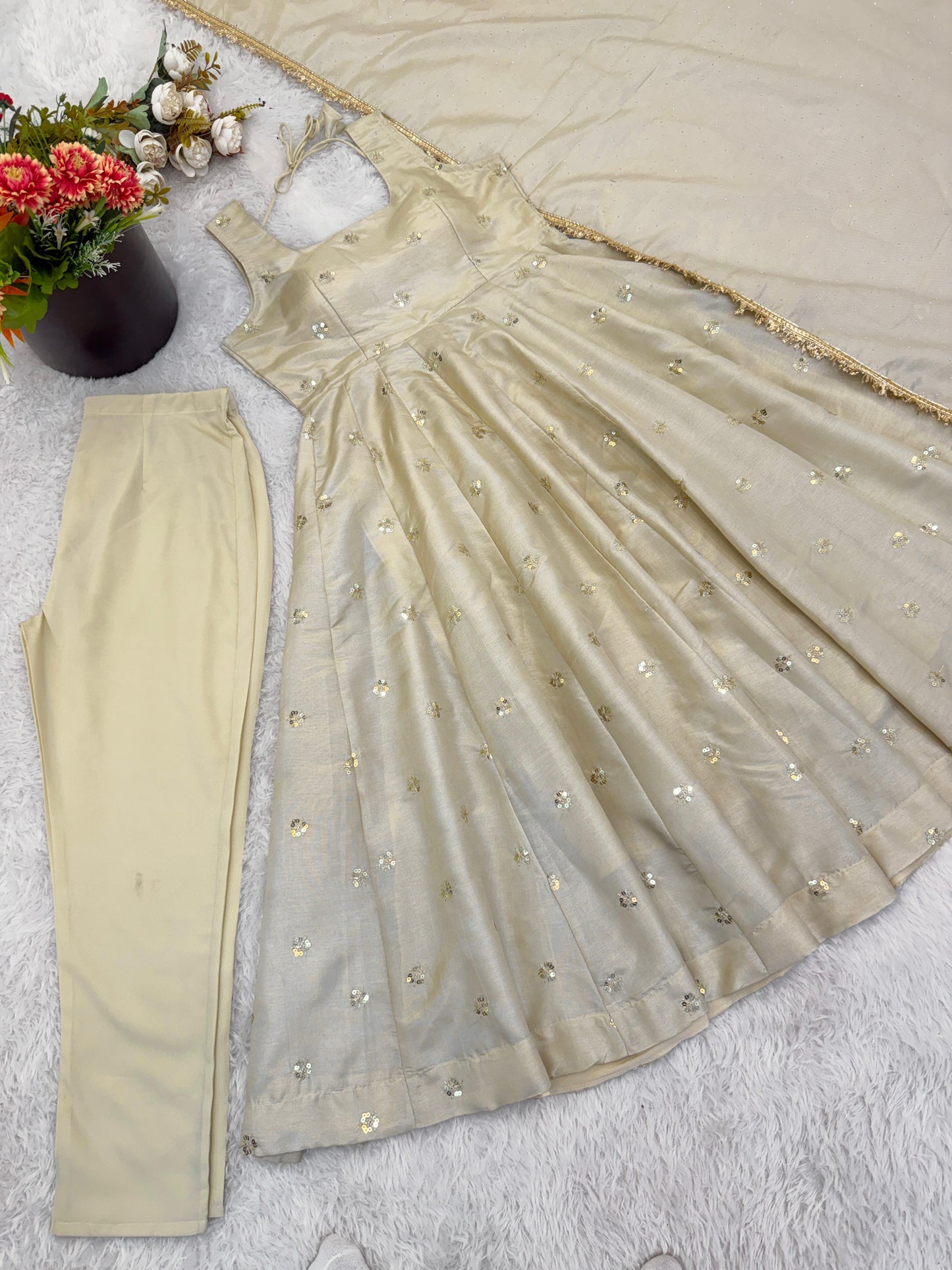 Cosmos Gold With Embroidery Work Gown And Dupatta Set in Germany