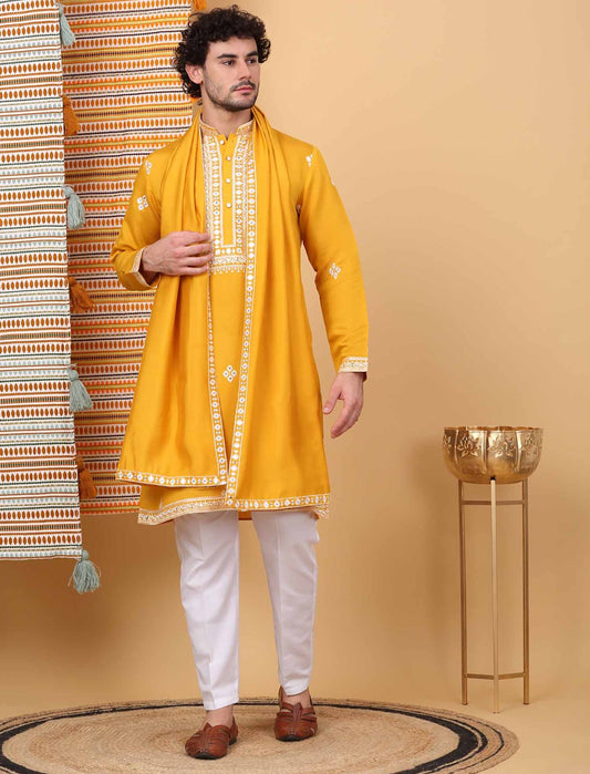Men Yellow Embroidered Kurta with Trouser with Stole in Germany