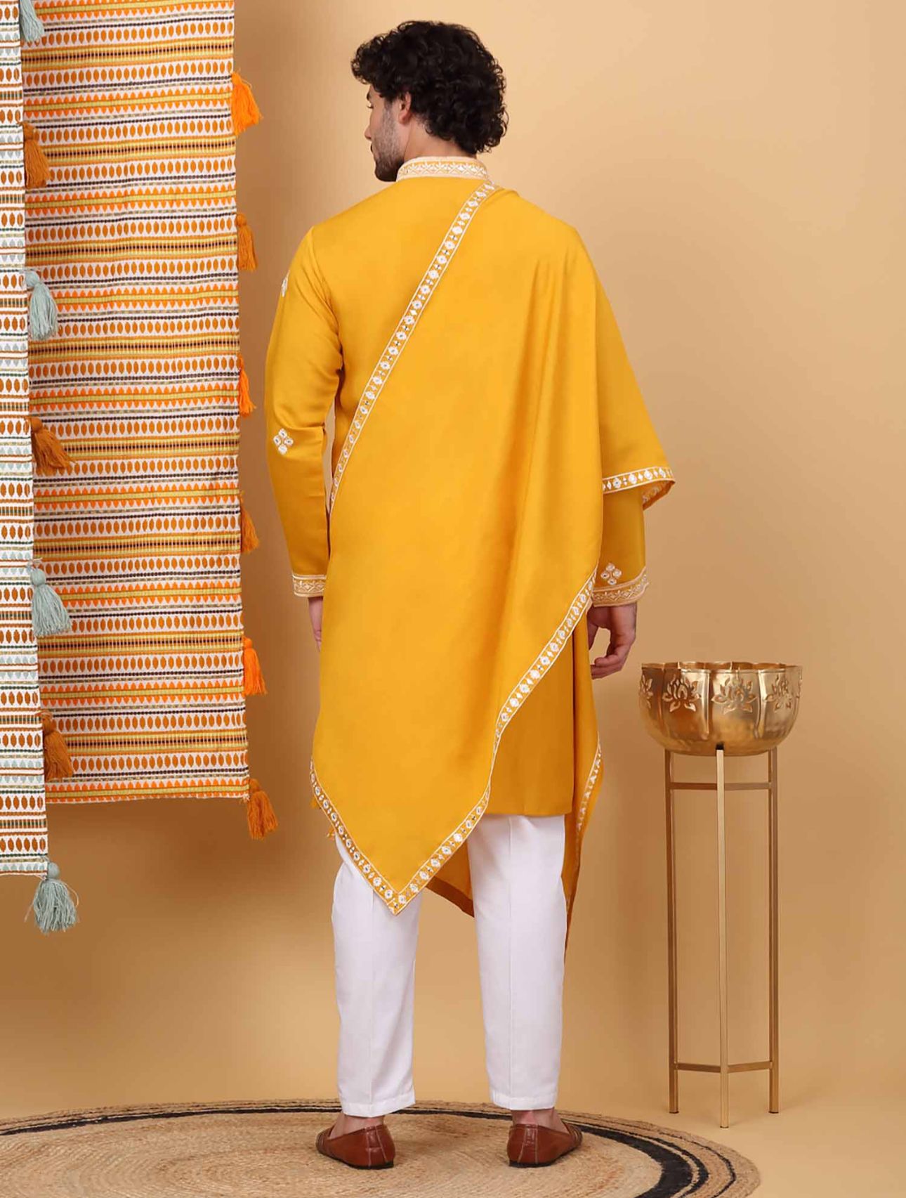 Men Yellow Embroidered Kurta with Trouser with Stole in Germany