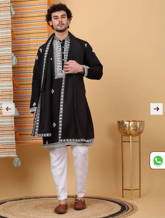 Men Cotton Silk Ethnic Motifs Embroidered Black Kurta And Trouser With Stole in Berlin