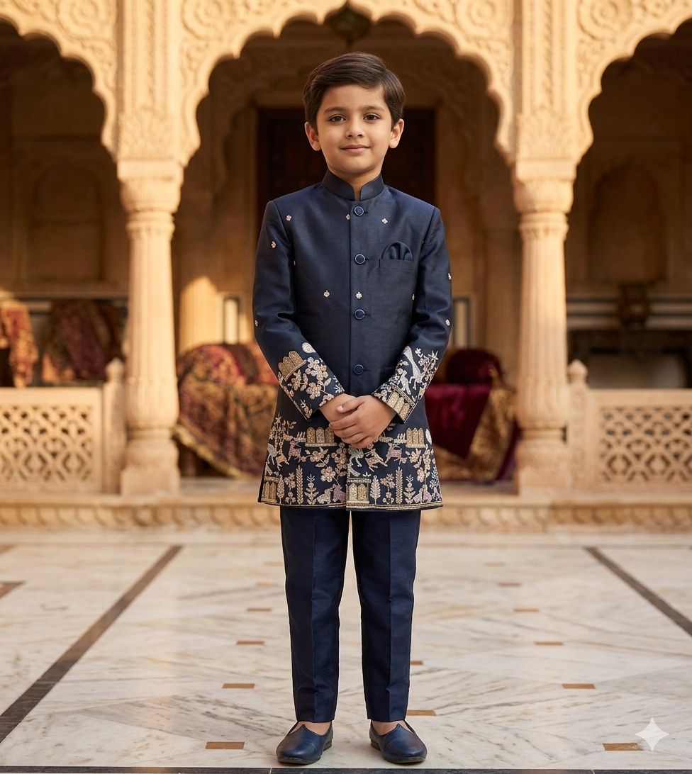 Blue Cotton, Silk Embroidery  Sherwani Set in Berlin
