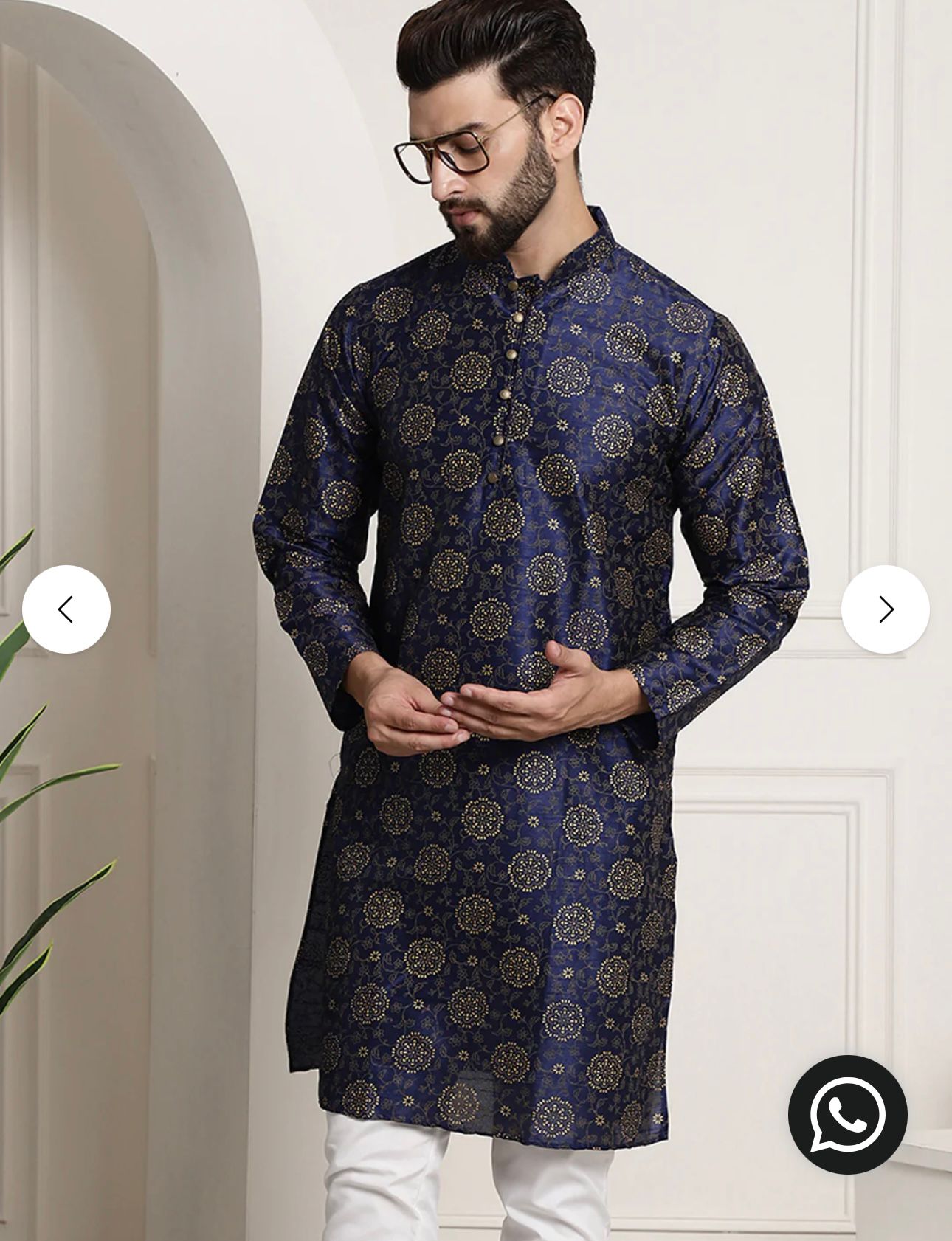 MEN'S SILK BLEND NAVY BLUE PRINTED LONG KURTA WITH PAJAMA IN GERMANY