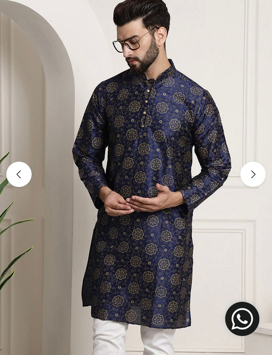 MEN'S SILK BLEND NAVY BLUE PRINTED LONG KURTA WITH PAJAMA IN GERMANY