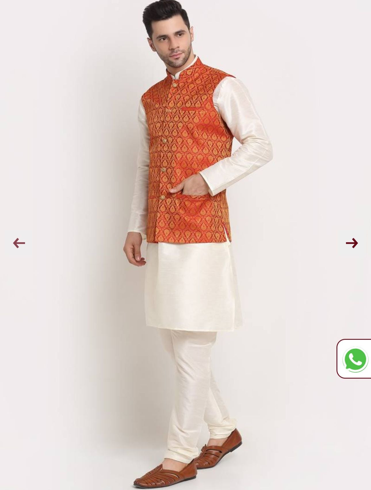 Silk Blend Kurta And Churidar With Jacquard Red Nehru Jacket