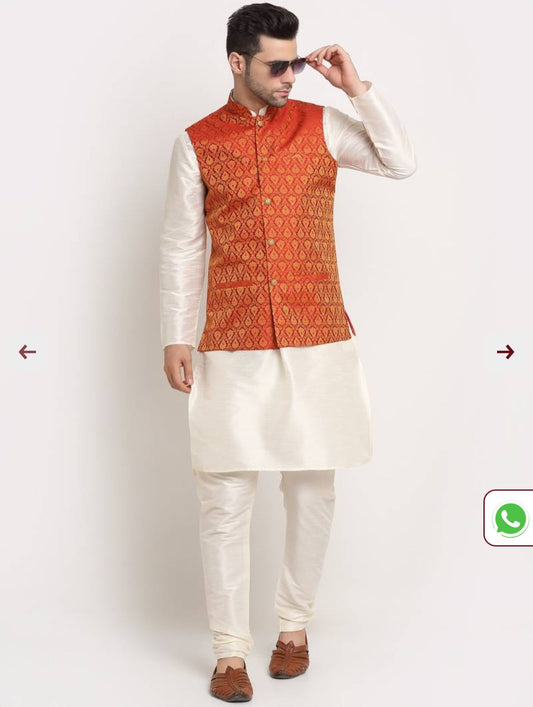 Silk Blend Kurta And Churidar With Jacquard Red Nehru Jacket