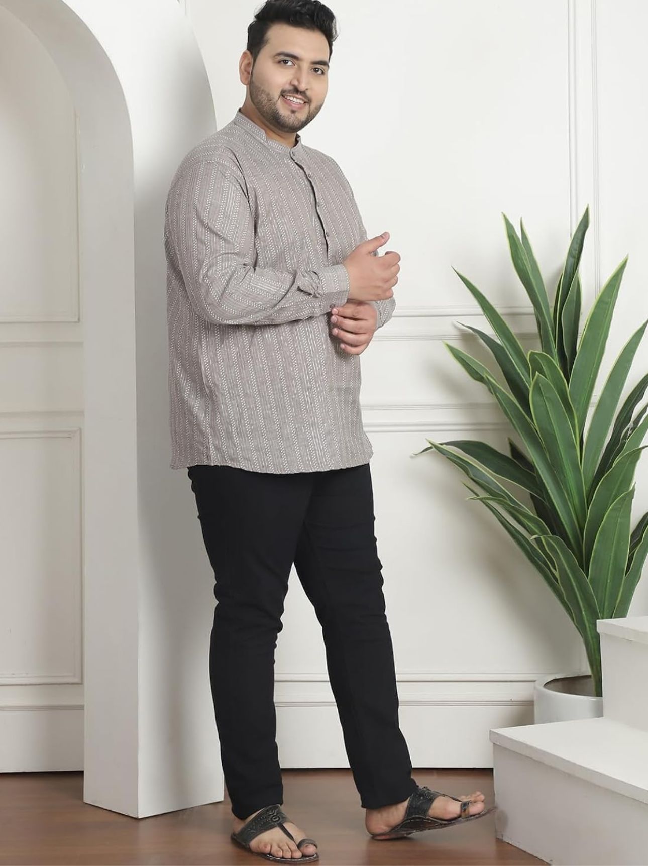 Men's Silk Blend Cream Printed ONLY Long Kurta in Germany
