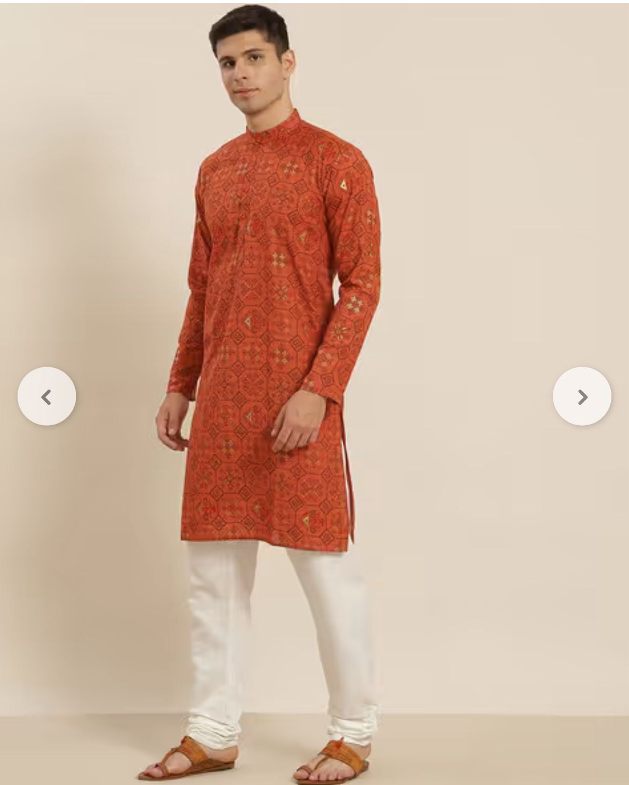 Men's Cotton Linen Orange and Multi Printed Kurta and White Pyjama in Berlin