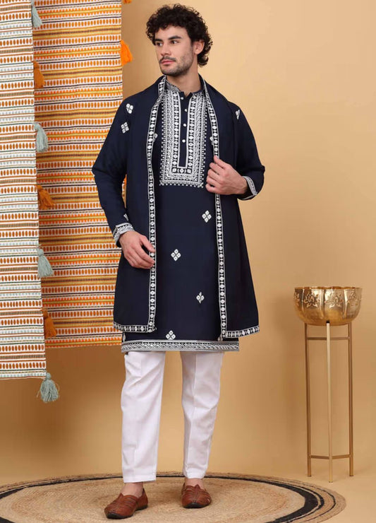 Men Blue Embroidered Kurta with Trouser with Stole in Germany