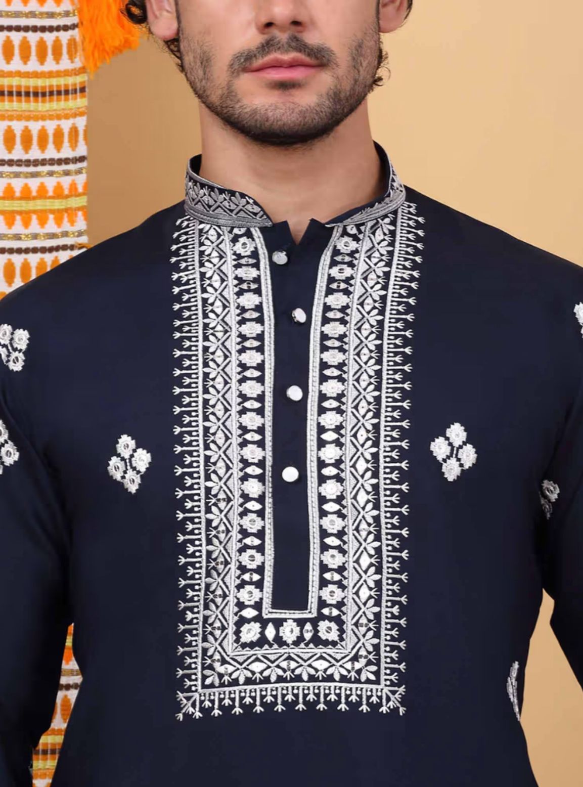 Men Blue Embroidered Kurta with Trouser with Stole in Germany