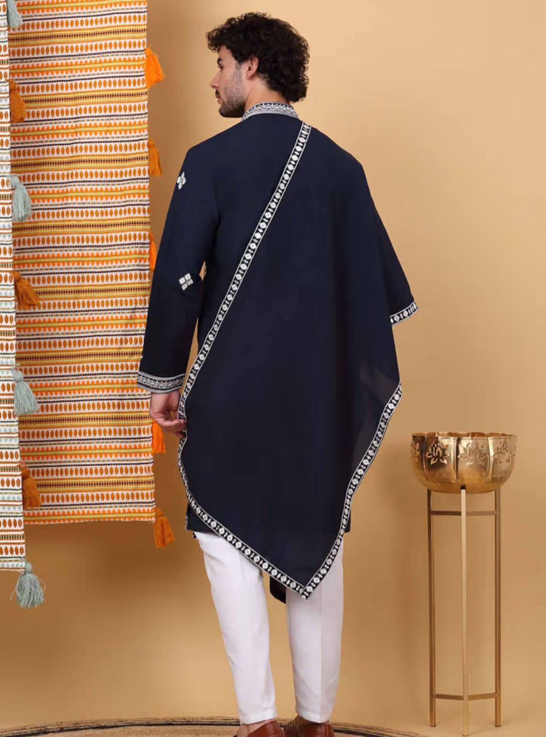 Men Blue Embroidered Kurta with Trouser with Stole in Germany