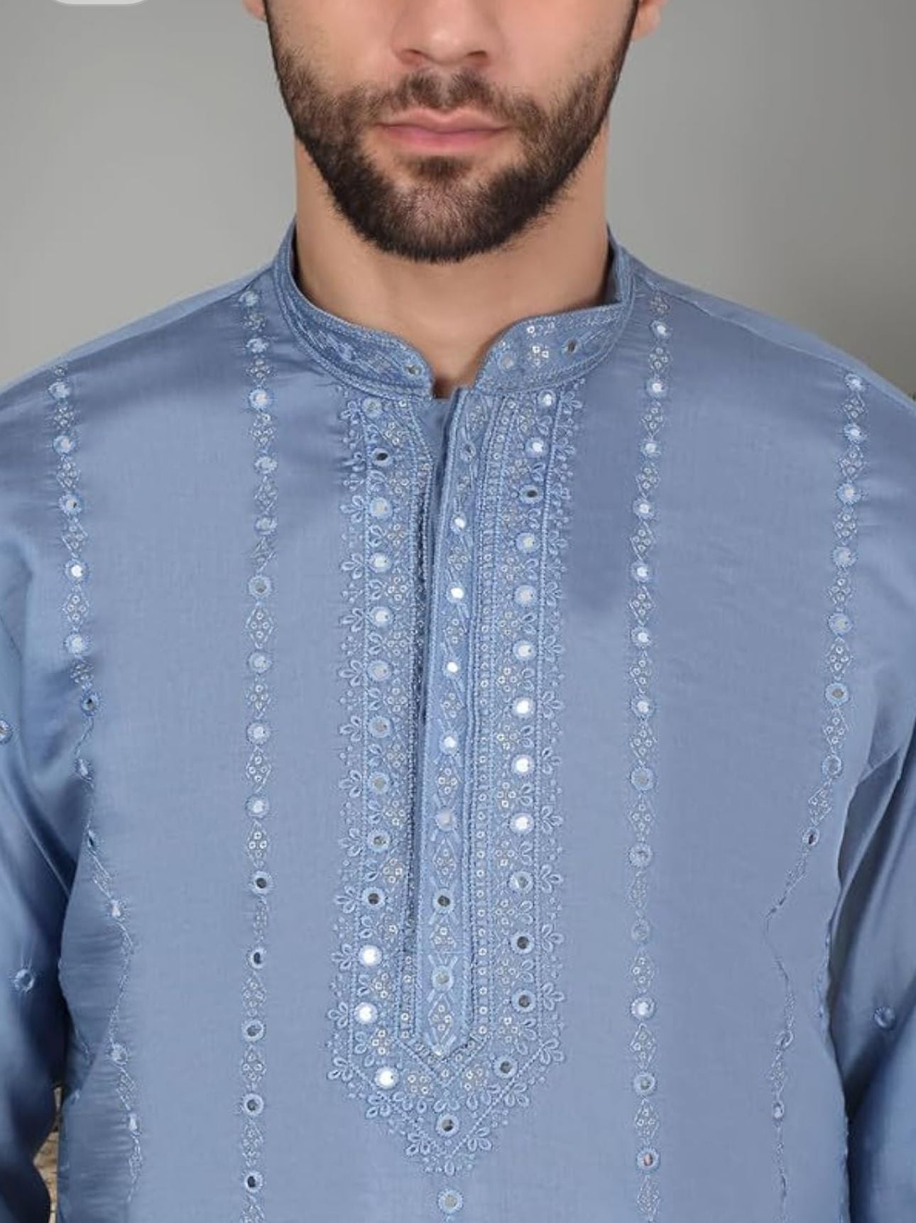 Men's Cotton Silk Mirror Work Yoke Design Long Sleeve Kurta in Germany