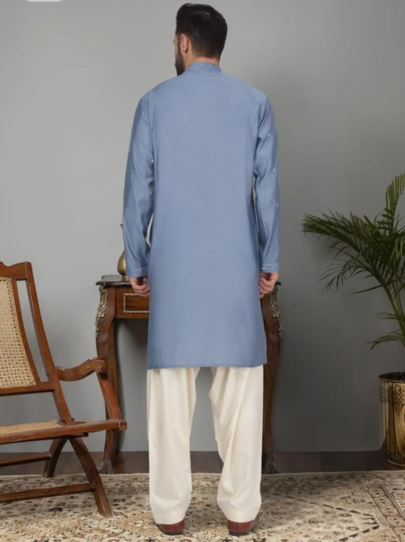Men's Cotton Silk Mirror Work Yoke Design Long Sleeve Kurta in Germany