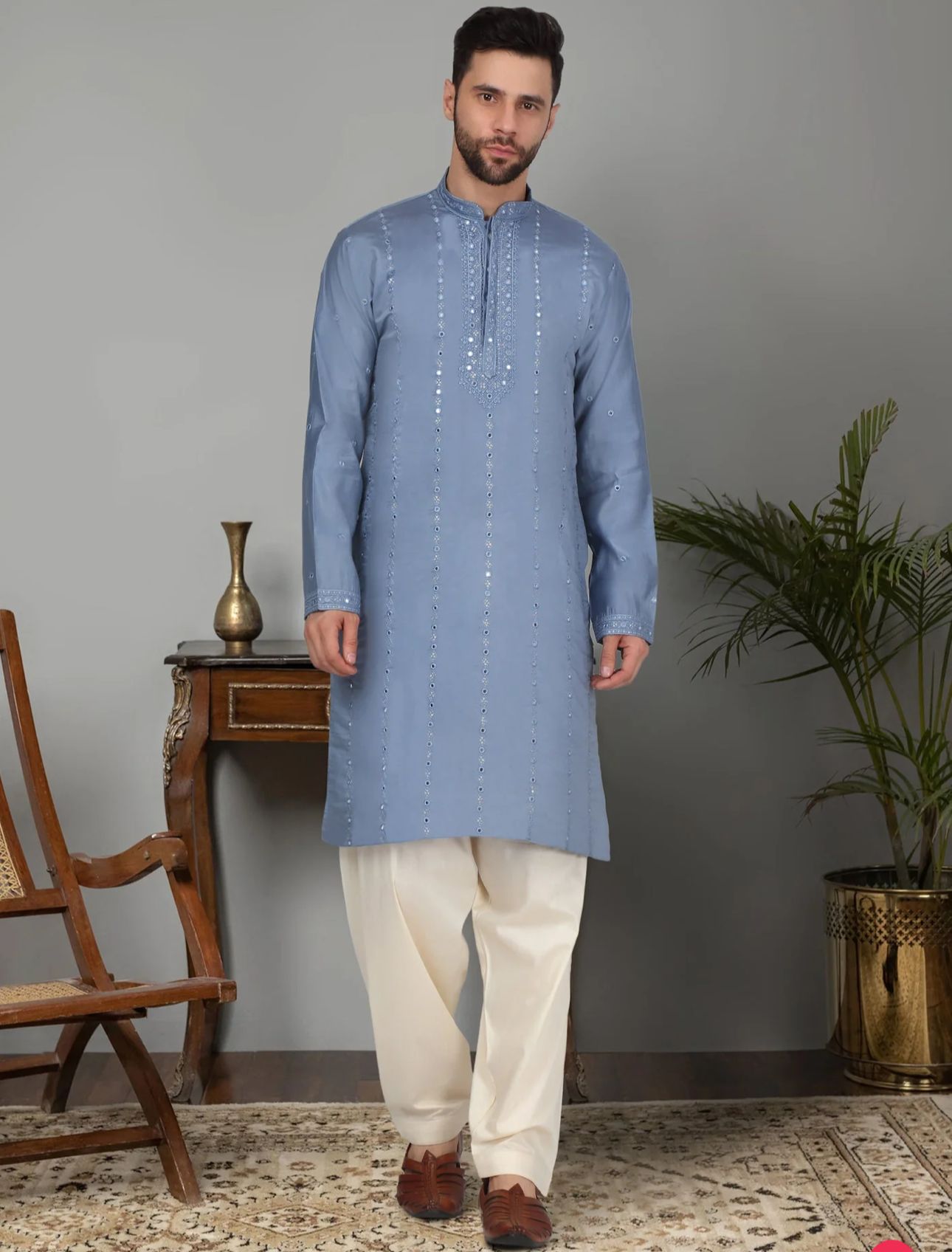 Men's Cotton Silk Mirror Work Yoke Design Long Sleeve Kurta in Germany