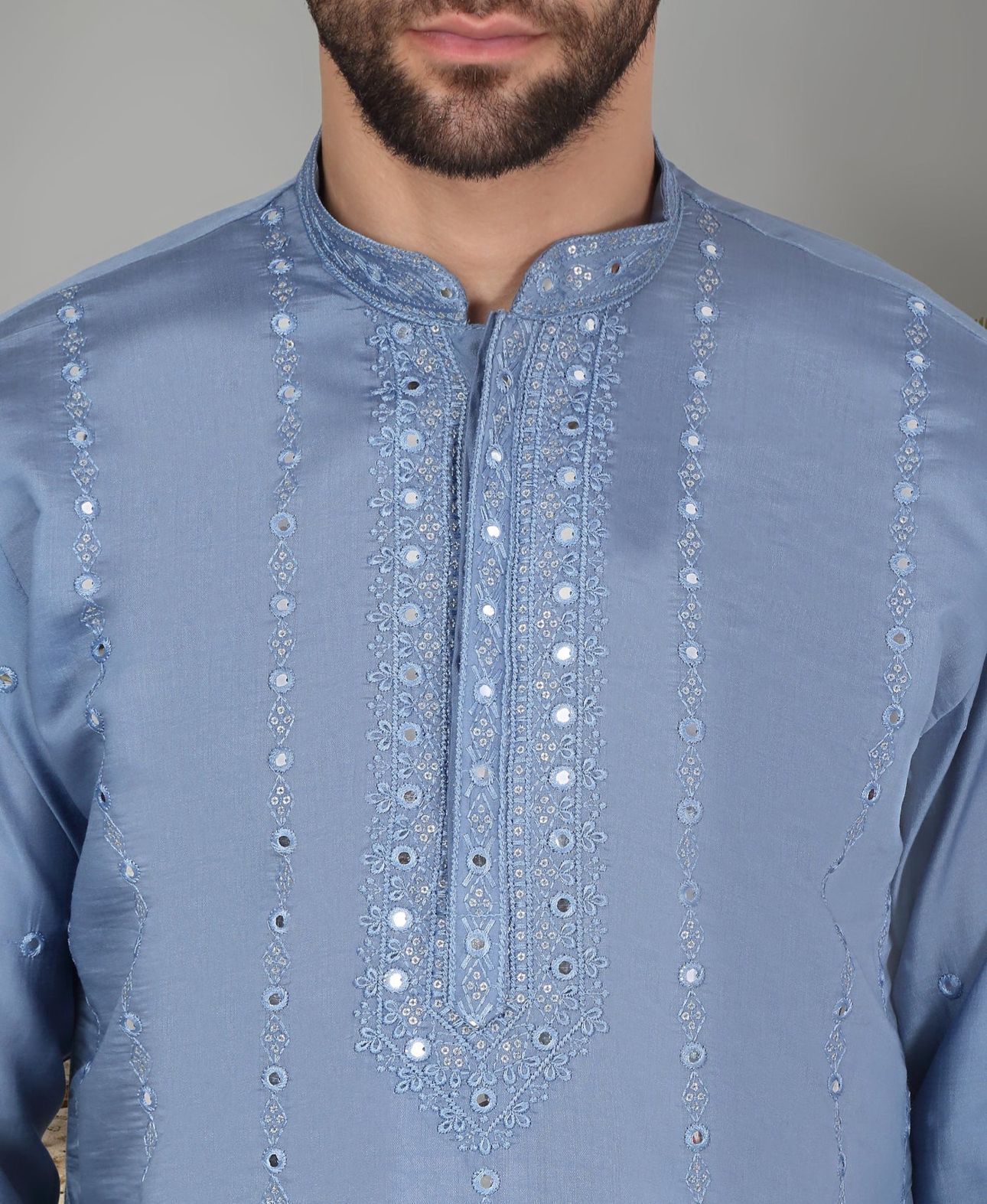 Men's Cotton Silk Mirror Work Yoke Design Long Sleeve Kurta in Germany