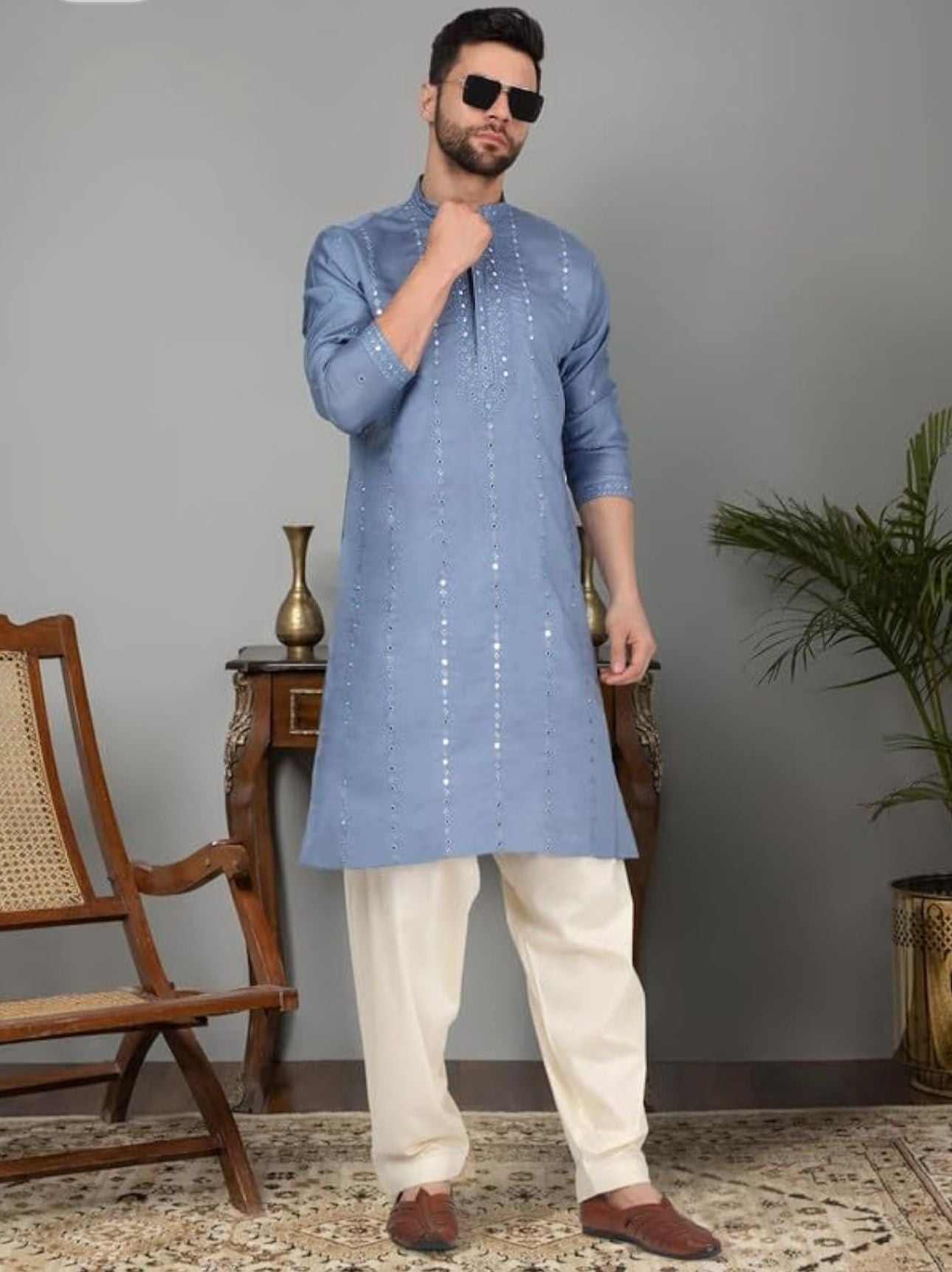 Men's Cotton Silk Mirror Work Yoke Design Long Sleeve Kurta in Germany