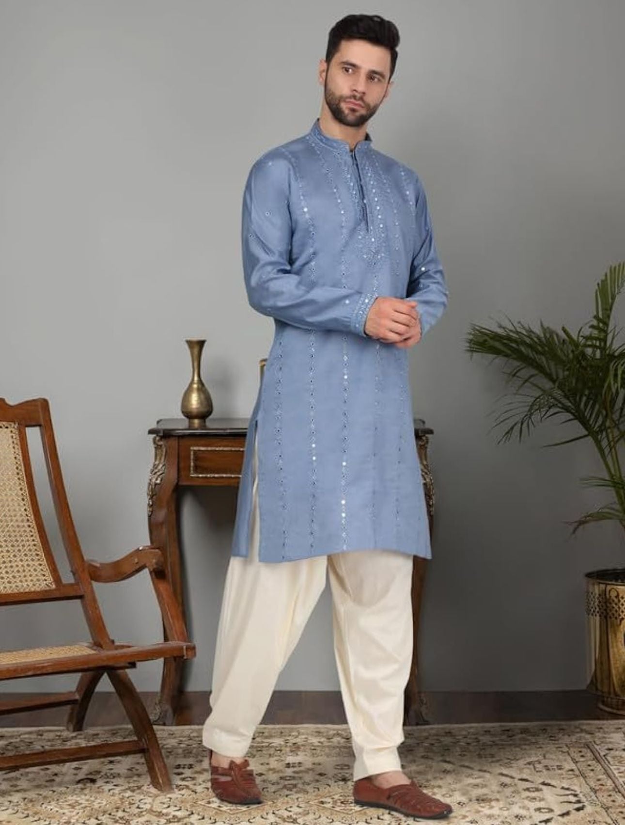 Men's Cotton Silk Mirror Work Yoke Design Long Sleeve Kurta in Germany