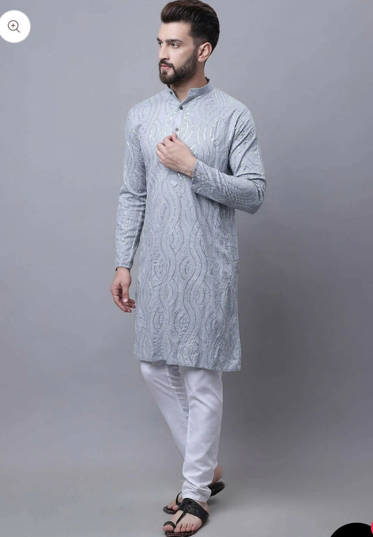 Ethnic Motifs Embroidered Mandarin Collar Straight Cotton Silk Kurta & Pyjama in Germany