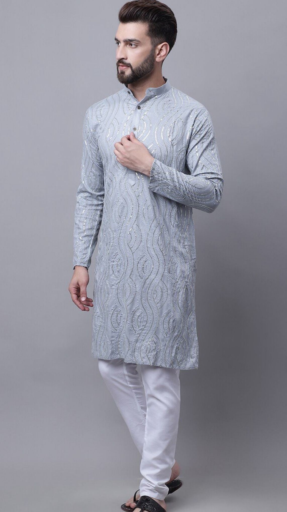 Ethnic Motifs Embroidered Mandarin Collar Straight Cotton Silk Kurta & Pyjama in Germany