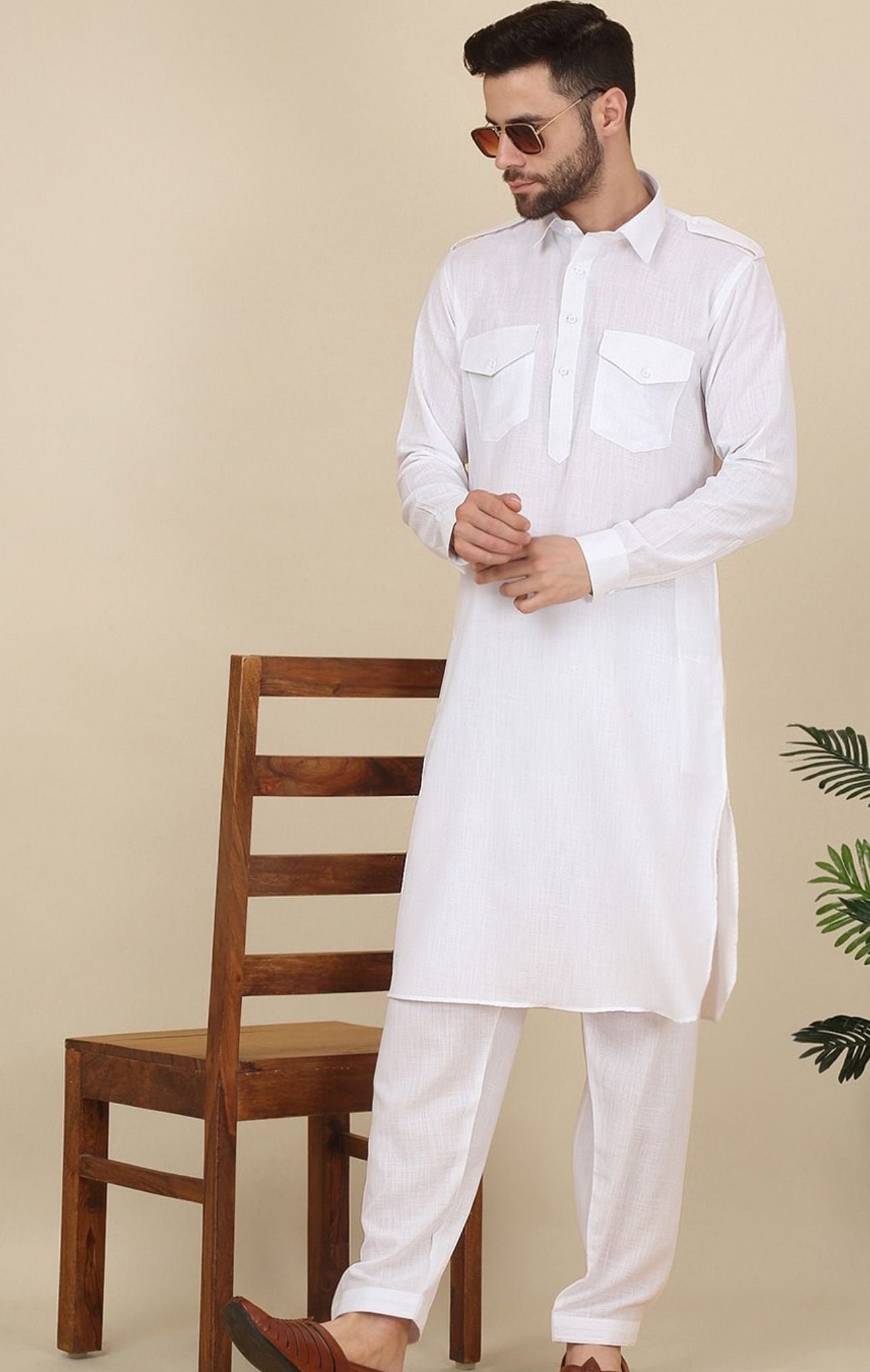 Shirt Collar Cuffed Sleeves Pure Cotton Pathani Kurta With Salwar in Germany