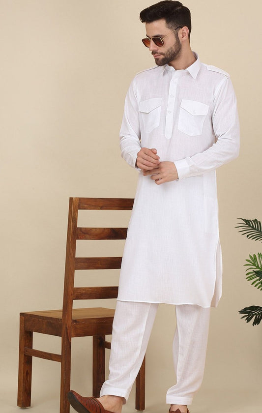 Shirt Collar Cuffed Sleeves Pure Cotton Pathani Kurta With Salwar in Germany